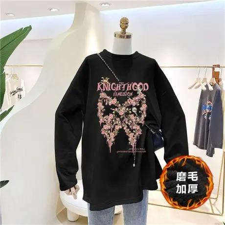 磨毛加厚打底衫宽松纯棉t恤女长袖2022年秋装韩版上衣中长款内搭商品大图