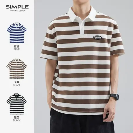 hansca日系重磅条纹短袖POLO衫夏季珠地棉休闲翻领复古撞色体恤衫商品大图