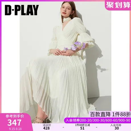 DPLAY2023新法式优雅奶油杏重工压褶V领飘带氛围感大摆裙仙女裙商品大图