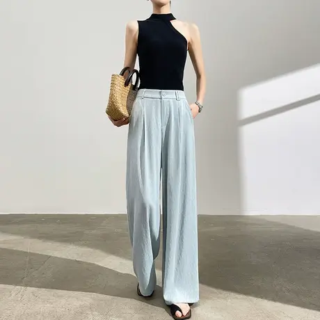 波点冰丝亚麻西装阔腿裤女夏季薄款高腰宽松直筒防晒拖地休闲裤子商品大图