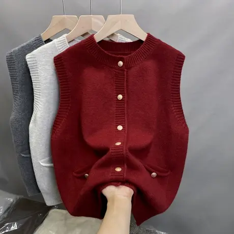 圆领针织马甲女2024秋新款圆领坎肩外搭无袖毛衣开衫叠穿软糯上衣商品大图