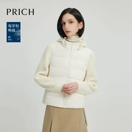 【匈牙利鸭绒】PRICH时髦连帽羽绒服2024冬新款针织拼接外套女商品大图