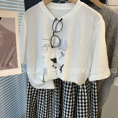 凉感薄款T 韩国东大门彩色卡通印花宽松米白色短袖T恤女夏雪花棉T图片