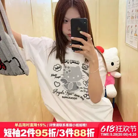 日系甜酷风Kitty猫印花白色正肩t恤女短袖2025新款宽松纯棉上衣夏图片