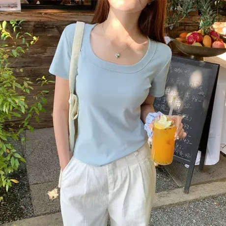2025夏季新款方领正肩短袖T恤女修身韩版打底衫内搭外穿半袖上衣商品大图
