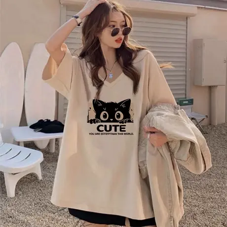 减龄学院风T恤女oversize大码宽松V领纯棉上衣ins潮夏季学生短袖商品大图