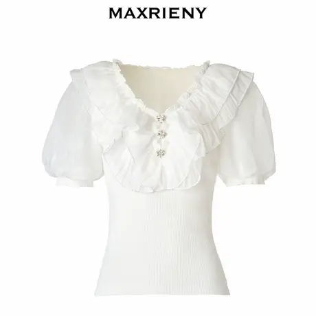 【奥莱】MAXRIENY荷叶大翻领毛衫V领泡泡袖针织上衣图片