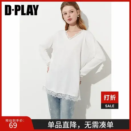 DPLAY【惠品】2025年春季新款白色t恤女休闲宽松独特蕾丝长袖上衣商品大图