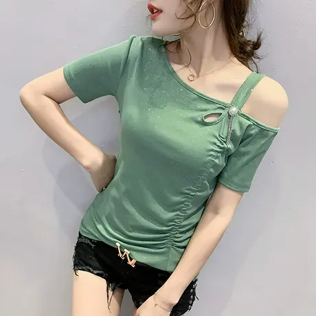 一字肩气质女装性感露肩T恤女短袖夏潮小众心机镂空上衣洋气小衫商品大图