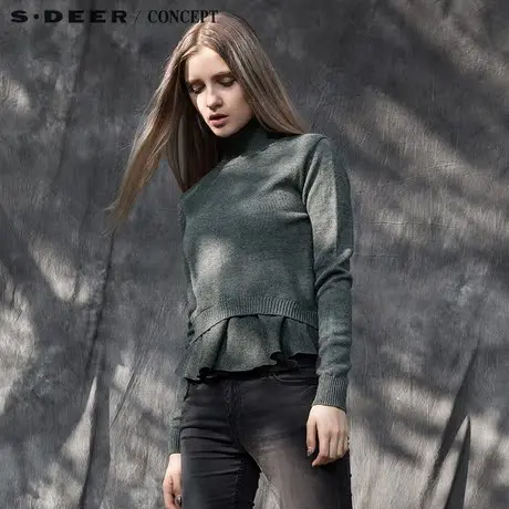 sdeer圣迪奥女装2017冬装俏皮垂褶摆高领针织S15483555图片