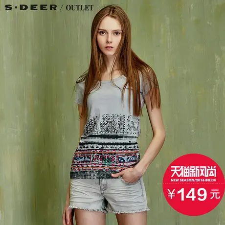 sdeer圣迪奥夏装新品女秋装民族刺绣蜡染T恤S1428014图片