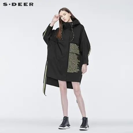 sdeer圣迪奥女2019秋酷感撞色字母开衩下摆织带装饰风衣S19161810图片