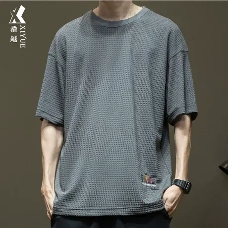 希越3D肌理凉感冰丝短袖T恤男夏季潮牌男士宽松大码速干打底体恤商品大图