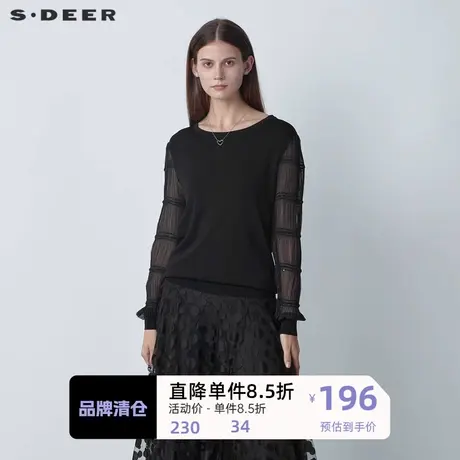 sdeer圣迪奥女装罗纹圆领亮片褶皱拼接针织衫S221Z3501图片