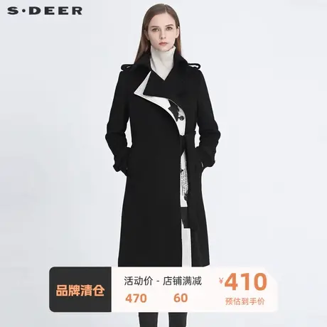 sdeer圣迪奥风衣外套女装时尚翻领拼接印花收腰毛呢大衣S20481803图片