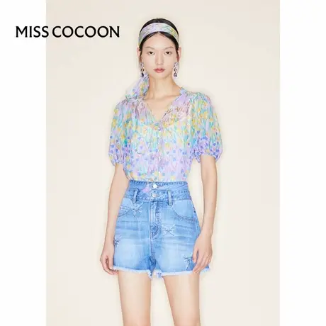 100%桑蚕丝 COCOON商场同款2024夏季多巴胺彩色假日风印花衬衫女图片