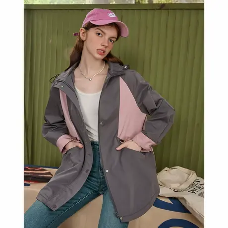 a02撞色拼接设计连帽拉链长袖上衣2025春季宽松休闲百搭女式风衣商品大图