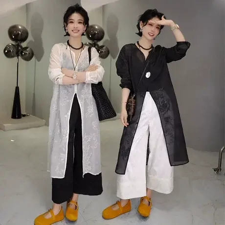 法式刺绣提花蕾丝防晒衣女夏季新款不规则开叉衬衫中长款罩衫上衣图片