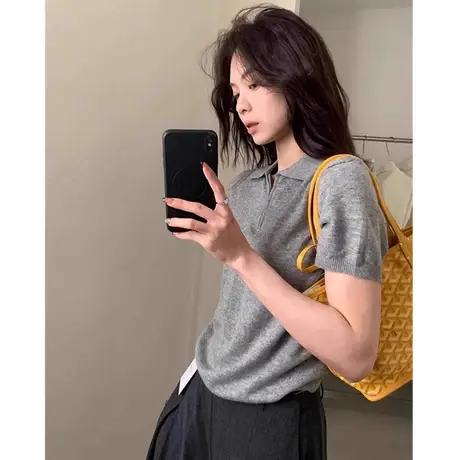 polo领半拉链冰丝针织小衫正肩短袖t恤女夏季小个子修身辣妹上衣商品大图