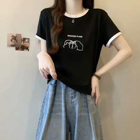 ins超火撞色短款正肩短袖T恤女夏季学生闺蜜姐妹装修身半袖上衣潮图片