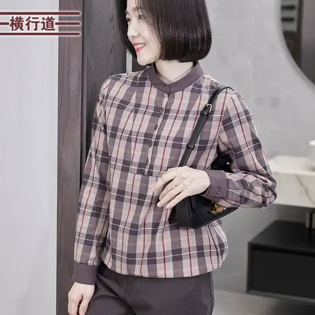 全棉立领复古格子长袖纯棉衬衫休闲宽松大码女装妈妈装衬衣春装商品大图