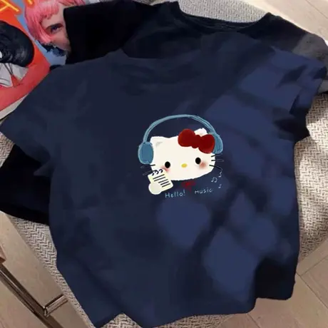 小个子别致正肩藏蓝色喵咪短袖t恤女夏季2025新款情侣装独特上衣商品大图