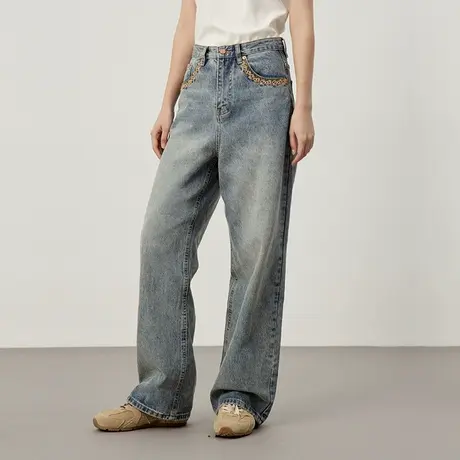 omont蛋挞家 复古刺绣水洗牛仔裤2025春季新款高腰直筒显瘦长裤子商品大图