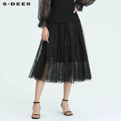【入会专享】sdeer圣迪奥亮片波点网纱不规则A字长裙S22281118图片