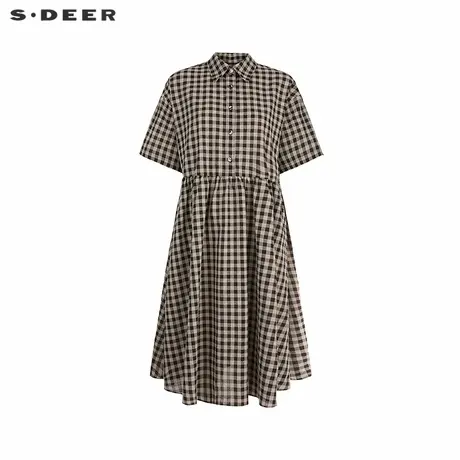 sdeer圣迪奥女装25年新品学院风翻领棋盘格短袖连衣裙S252Z1258商品大图