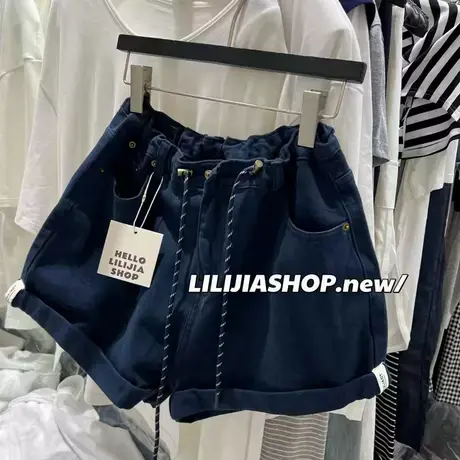 韩国东大门夏季款韩系松弛感百搭高腰牛仔抽绳阔腿裤休闲花苞短裤商品大图