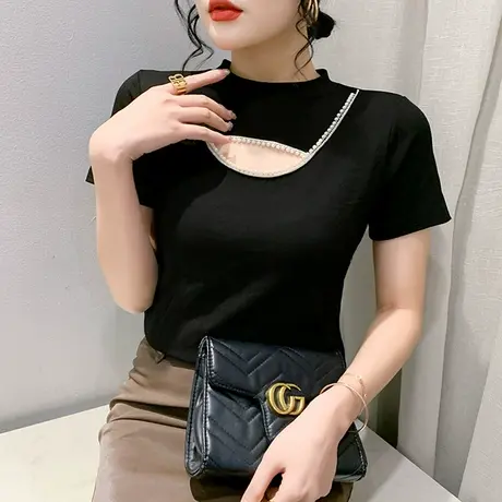 时尚钉珠小衫女短袖夏季性感镂空T恤设计感小众洋气上衣显瘦丅恤图片