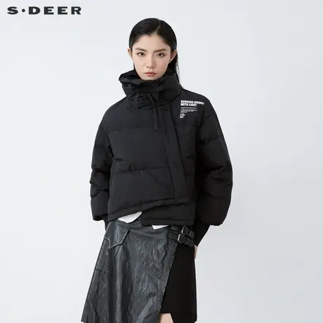 sdeer圣迪奥冬季新品时尚高领抽绳字母斜襟短款羽绒服女S21462468商品大图