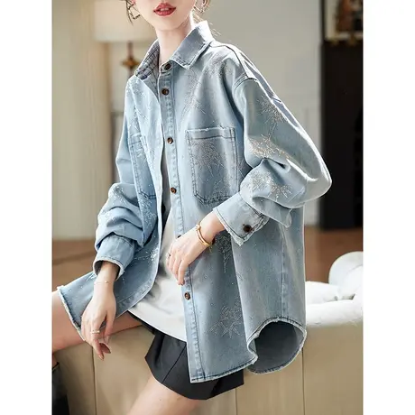 宝诗黎翻领烫钻宽松牛仔外套2025春季洋气休闲长袖外搭衬衣女装商品大图