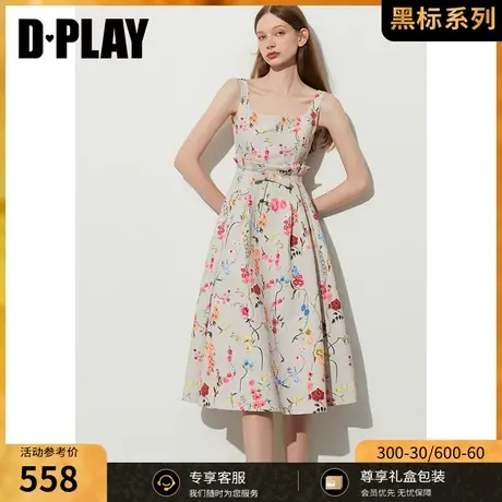 DPLAY黑标2023夏法式杜乐丽庄园U型领高腰压褶收腰大摆印花连衣裙商品大图