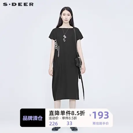 sdeer圣迪奥高级感印花飘带蝙蝠袖连衣裙别致裙子小黑裙S20281265商品大图