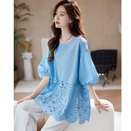 宝诗黎中长款刺绣镂空衬衫女2025夏季韩系宽松大码棉质休闲衬衣商品大图