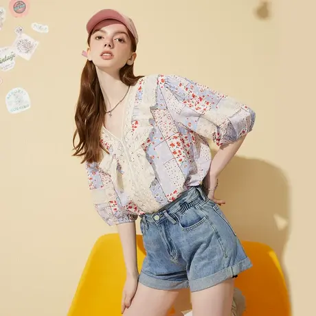 a02甜美蕾丝碎花设计半袖上衣夏季新宽松休闲个性女式衬衫商品大图