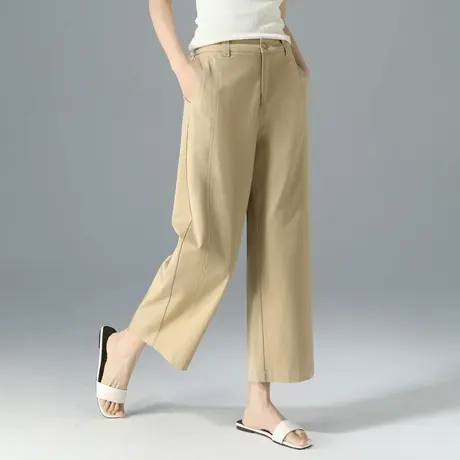 莫代尔九分直筒裤女2025新款夏薄款高腰休闲小个子宽松卡其色裤子商品大图