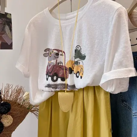 韩国雪花棉 兔子和小汽车 趣味卡通凉爽透气圆领宽松短袖T恤女夏图片