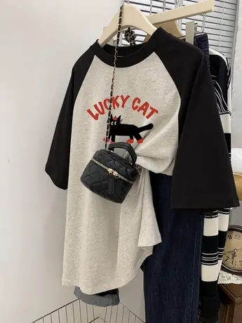 大码女装插肩短袖oversize宽松纯棉拼接设计感t恤夏季显瘦上衣ins图片