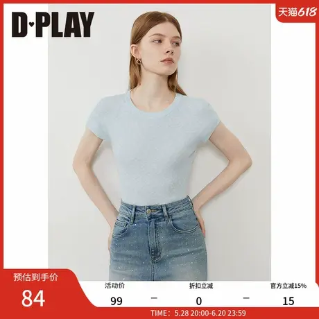 DPLAY【惠品】2025年夏季新款蓝色复古圆领上衣女宽松学院风T恤商品大图