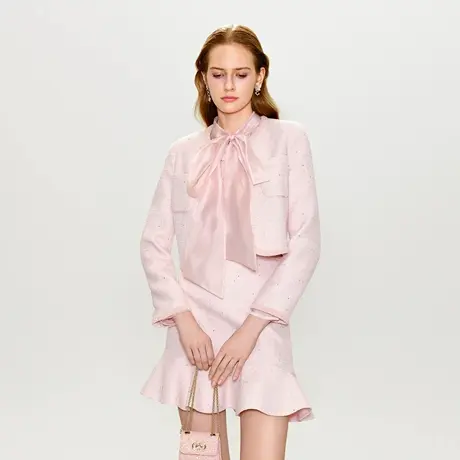 可可尼COCOON 商场同款春季粉色花呢立体花珠片装饰小香风外套女图片