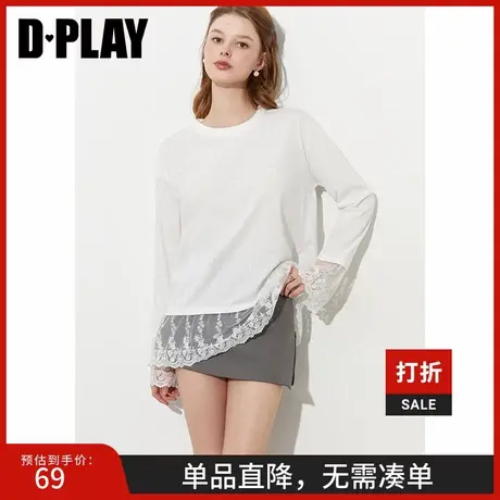 DPLAY【惠品】2025年春季新款白色t恤女法式拼接网纱蕾丝长袖上衣商品大图