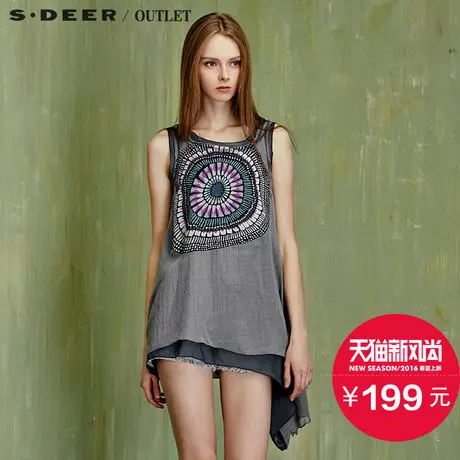 sdeer【上新】圣迪奥俏皮拼接荷叶边印花斜摆上衣S15280372图片