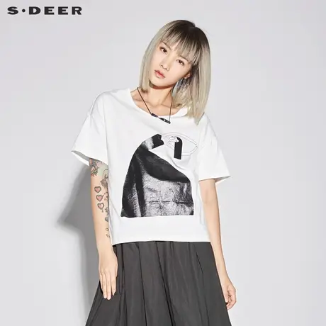 sdeer圣迪奥女装素白休闲圆领撞色印胶短袖T恤S18280157图片