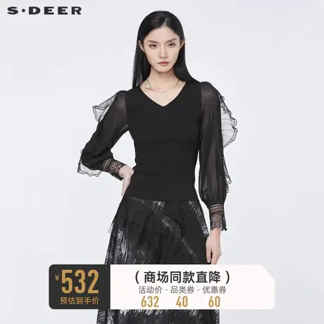 sdeer圣迪奥秋装女装复古V领网纱蕾丝拼接修身针织衫S22183513图片