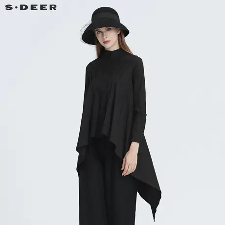 【直播间专属】sdeer圣迪奥立领解构拼接不规则黑色衬衫S20480513图片