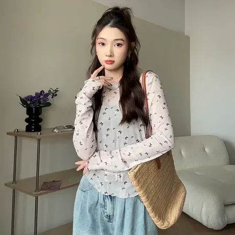 尔给气质洋气显瘦长袖短款网纱上衣夏季小众修身打底衫女2024新款商品大图