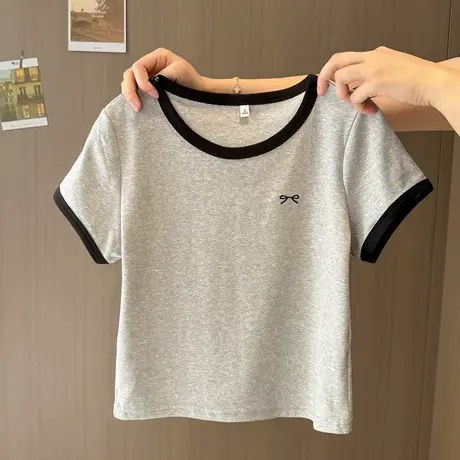 小众设计感正肩短袖T恤女夏季韩版修身小个子短款蝴蝶结刺绣上衣图片