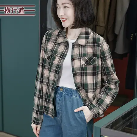 2025春季新款韩版简约翻领长袖格子短款衬衫女装开衫外穿上衣大码图片